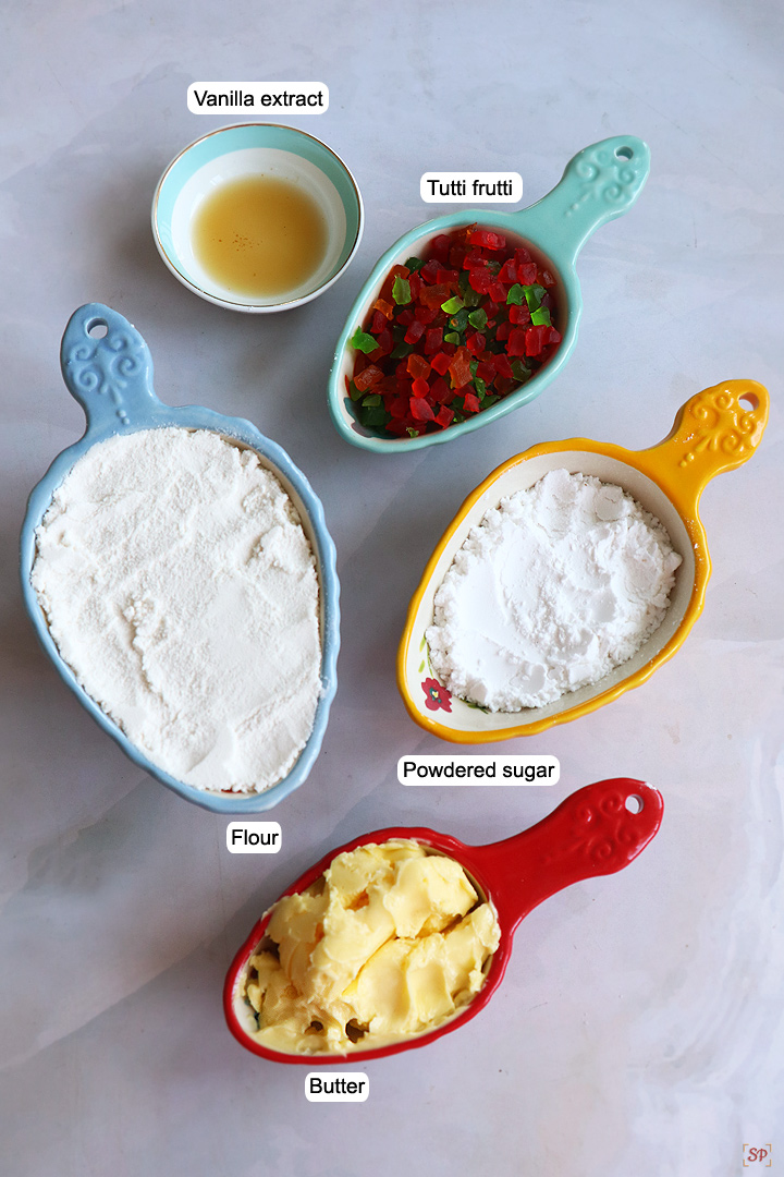 ingredients needed to make tutti frutti cookies