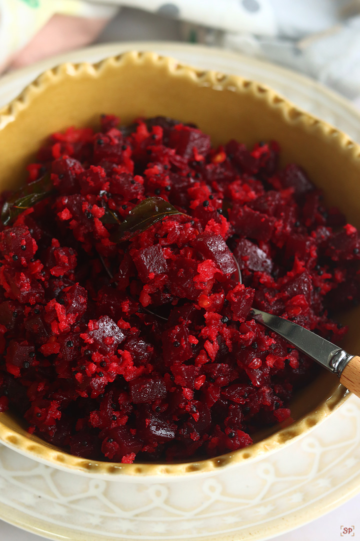 beetroot poriyal in a yellow bowl