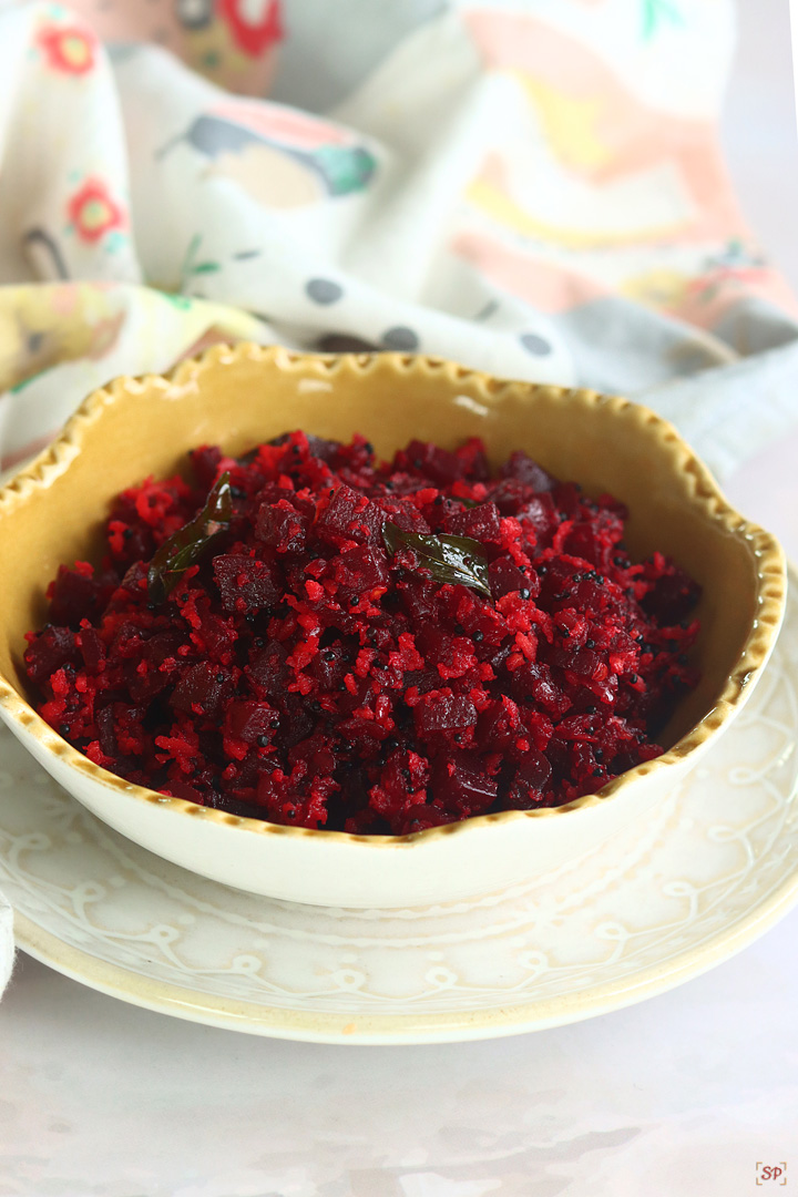 beetroot poriyal in a yellow bowl