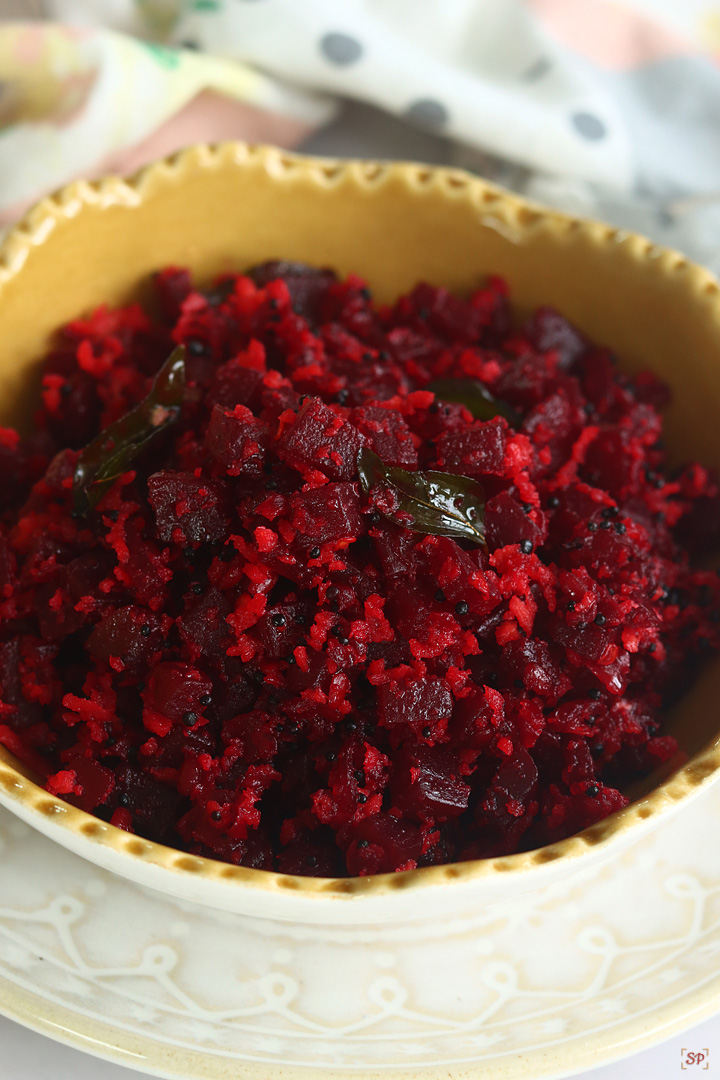 beetroot poriyal in a yellow bowl