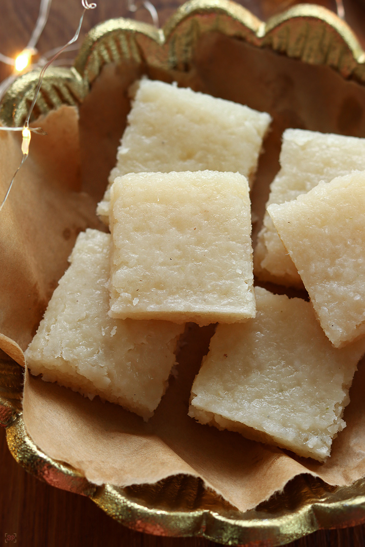 coconut barfi served in a gold plate