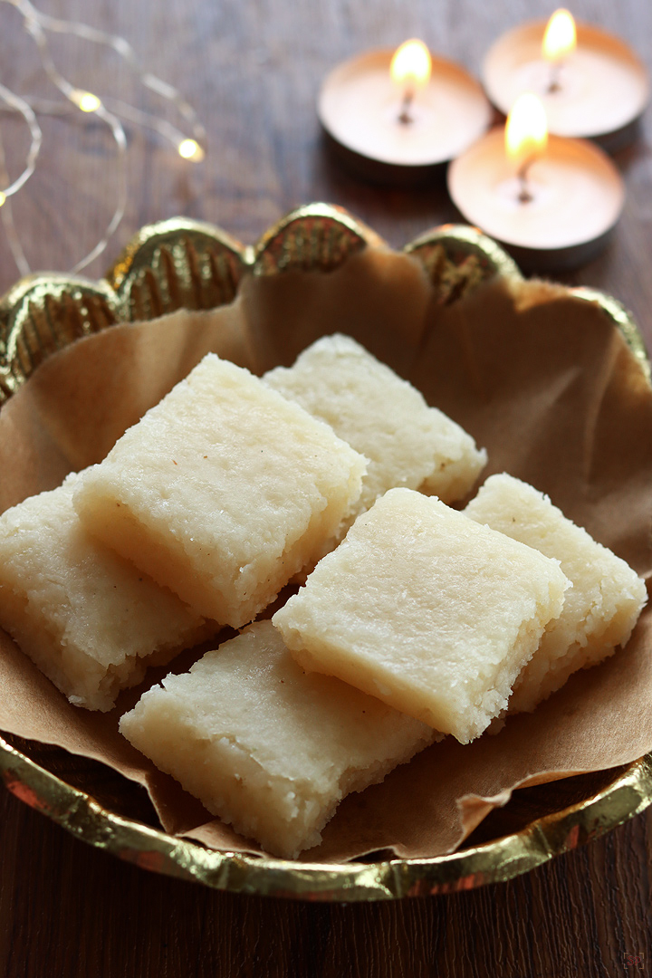 coconut burfi served in a gold plate