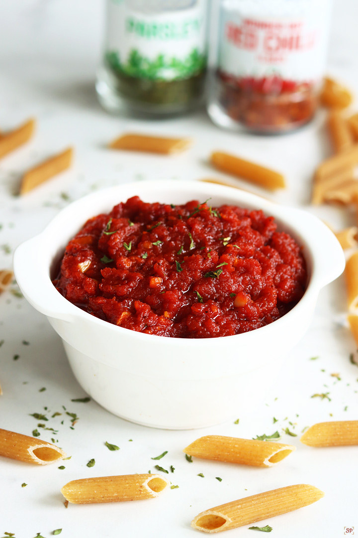 homemade pasta sauce in a white bowl