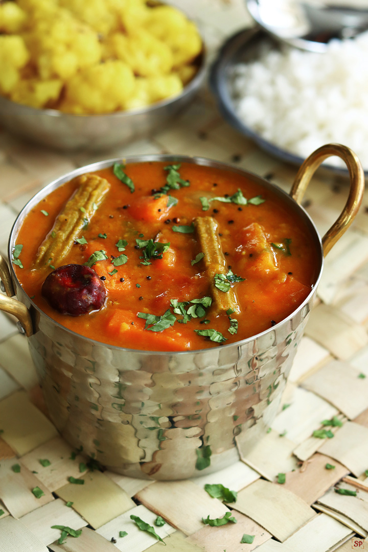 sambar served with rice and vegetable