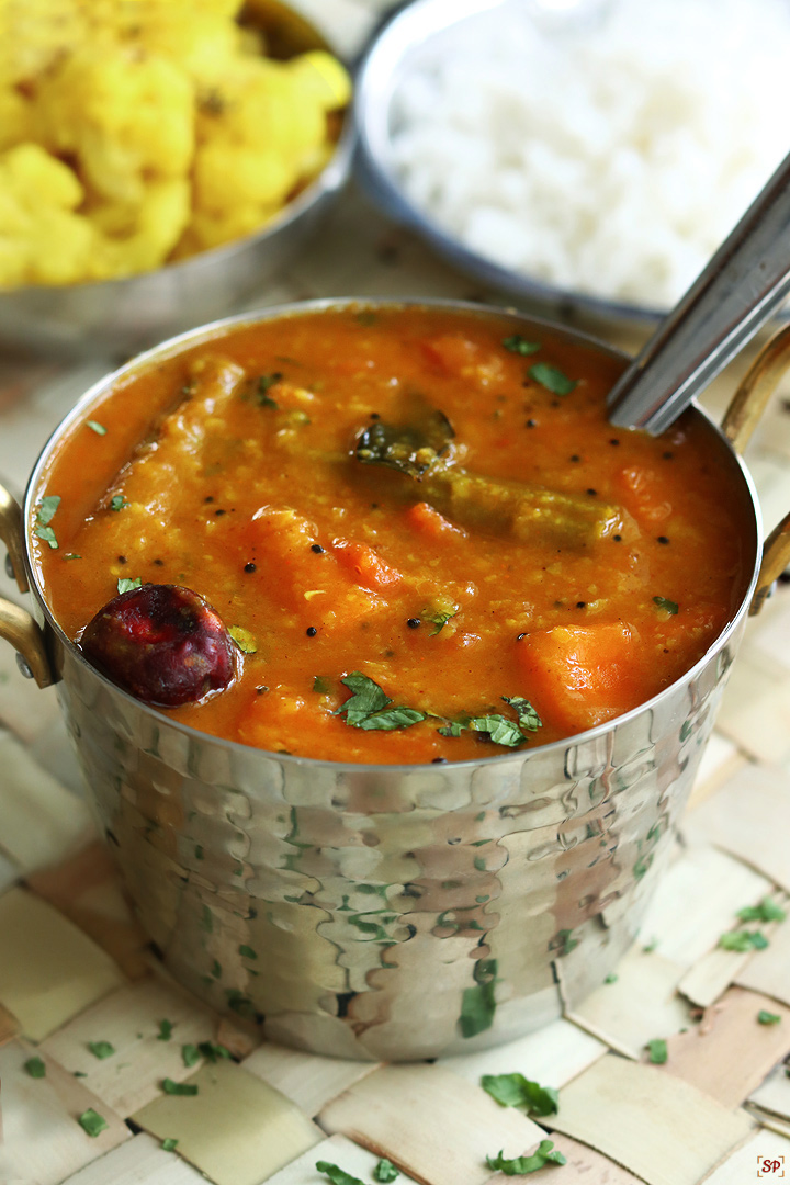 sambar served with rice and vegetable