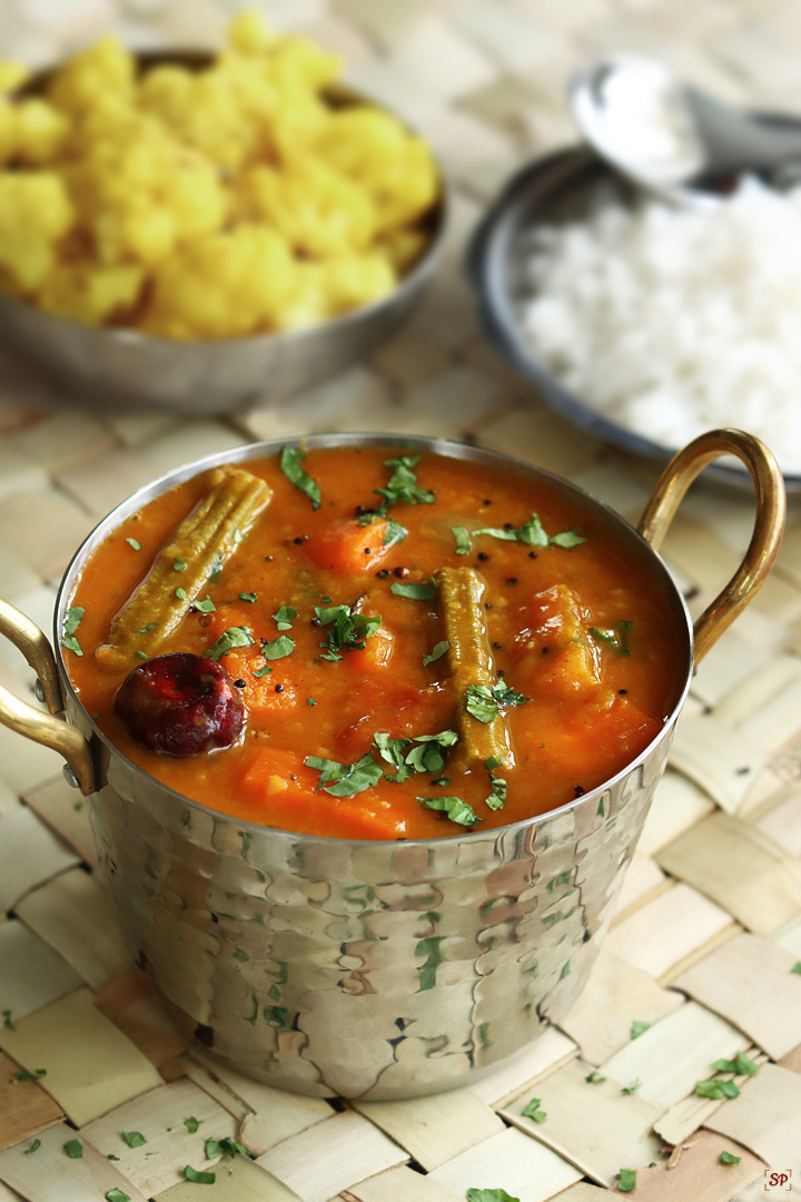 sambar served with rice and vegetable