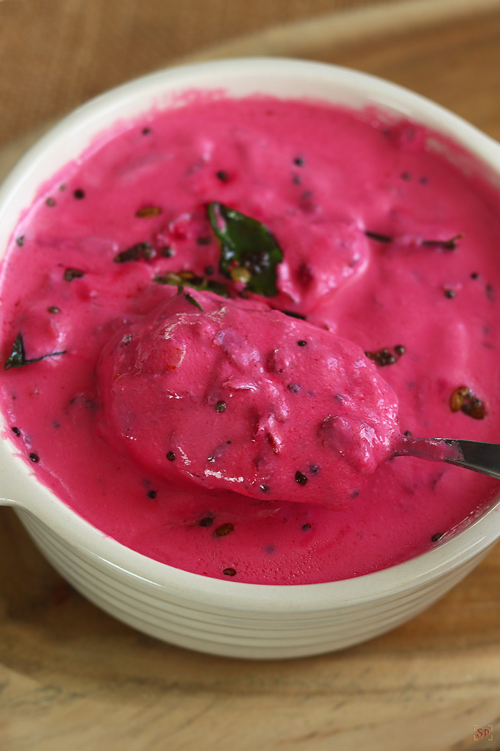 beetroot raita in a beige color bowl