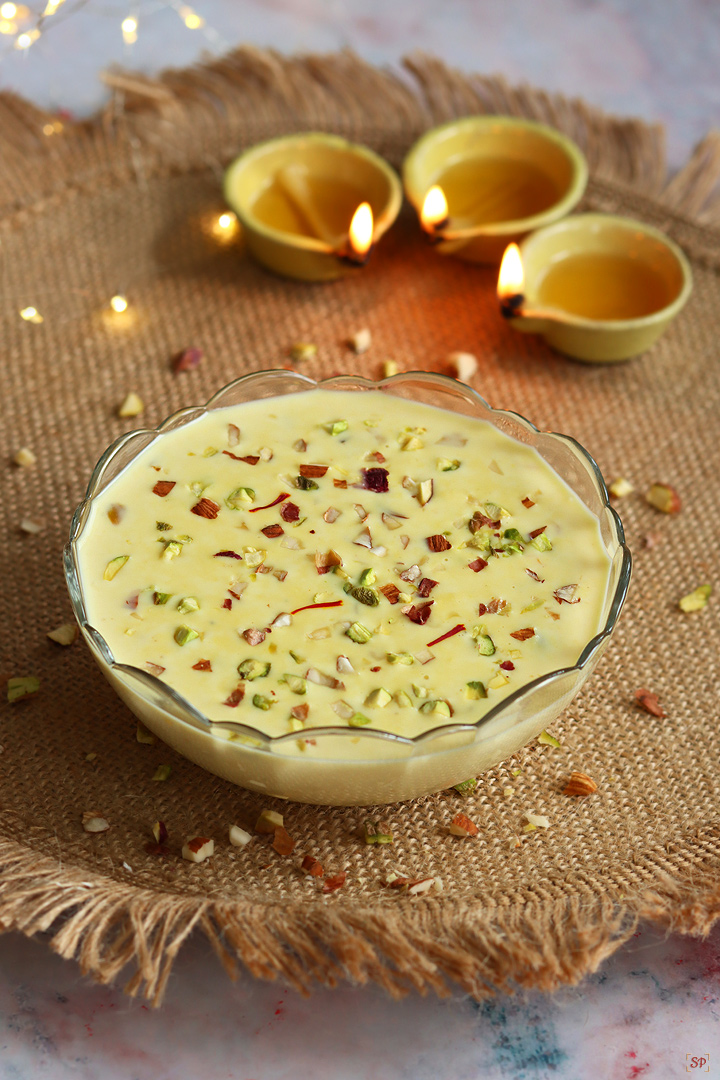 basundi served in a glass bowl