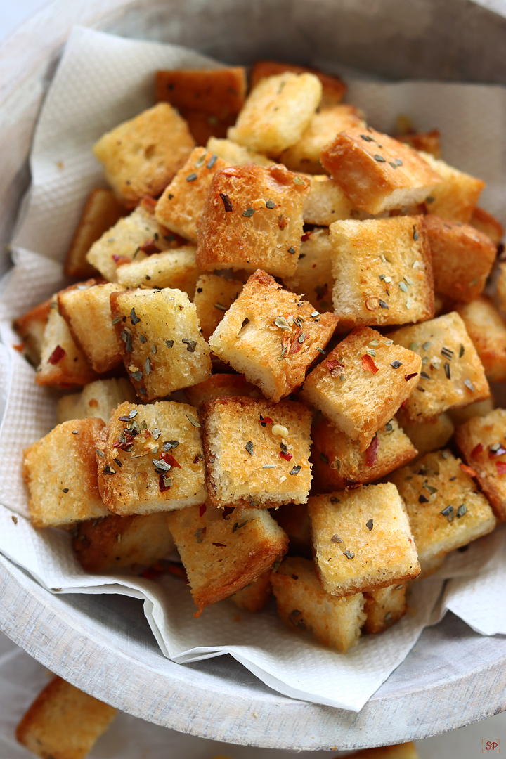 homemade croutons in a wooden bowl