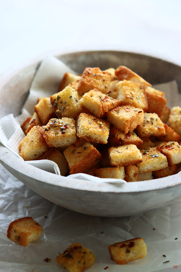 homemade croutons in a wooden bowl