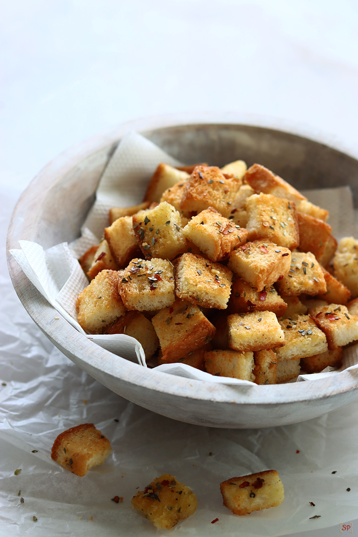 homemade croutons in a wooden bowl