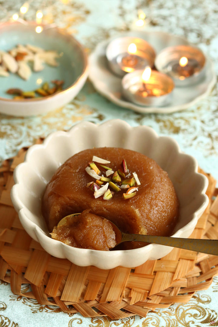 wheat halwa served in a bowl