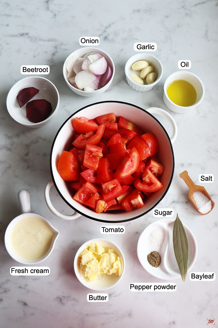 a display of ingredients needed to make tomato soup