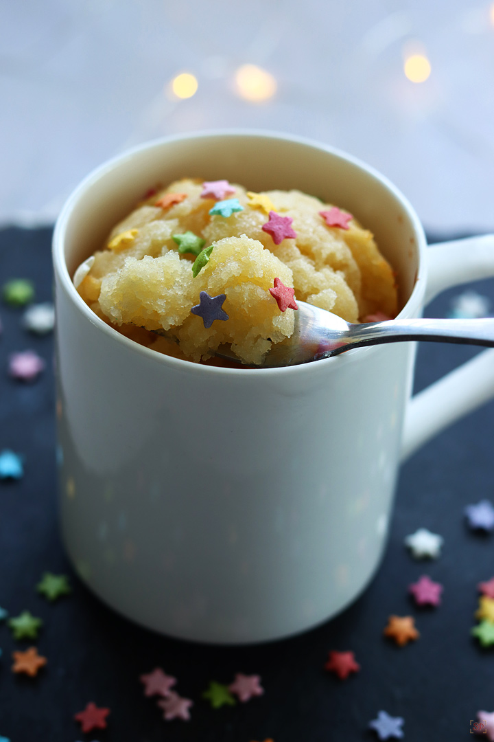 vanilla mug cake in a white mug