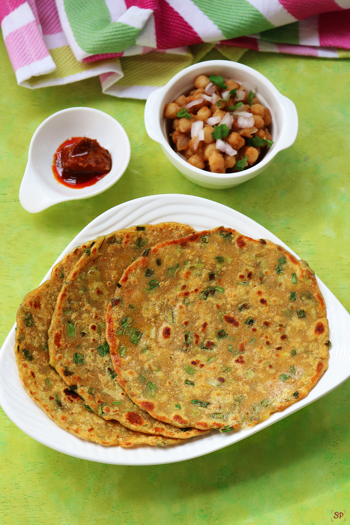 spring onion paratha with chana masala and pickle