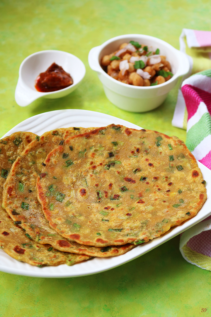 spring onion paratha with chana masala and pickle