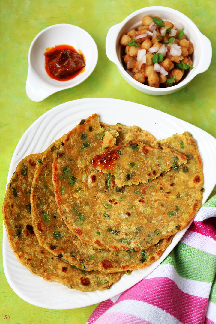 spring onion paratha with chana masala and pickle