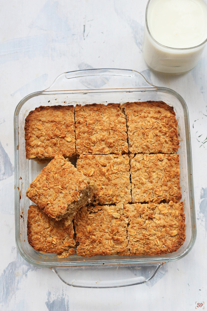 oatmeal bars with a cup of milk