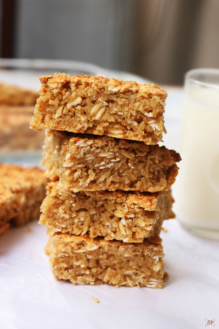 oatmeal bars with a cup of milk