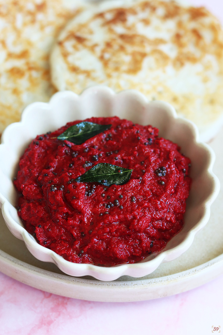 beetroot chutney served in a small bowl