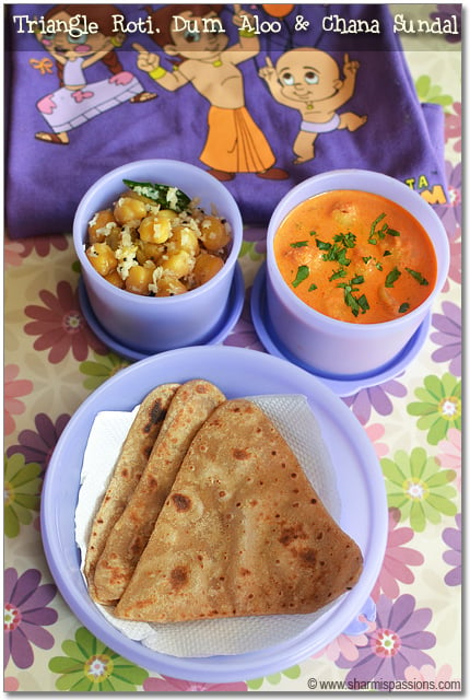 roti, dum aloo and chana sundal