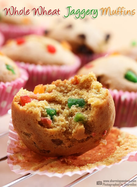 Eggless Whole Wheat Jaggery Muffins