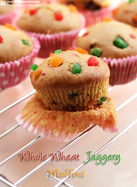 Eggless Whole Wheat Jaggery Muffins