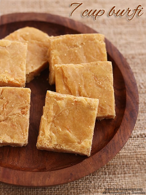 7 cups burfi in a wooden plate