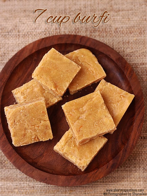 7 cups burfi in a wooden plate