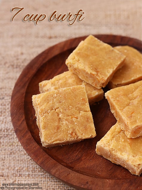 7 cups burfi in a wooden plate