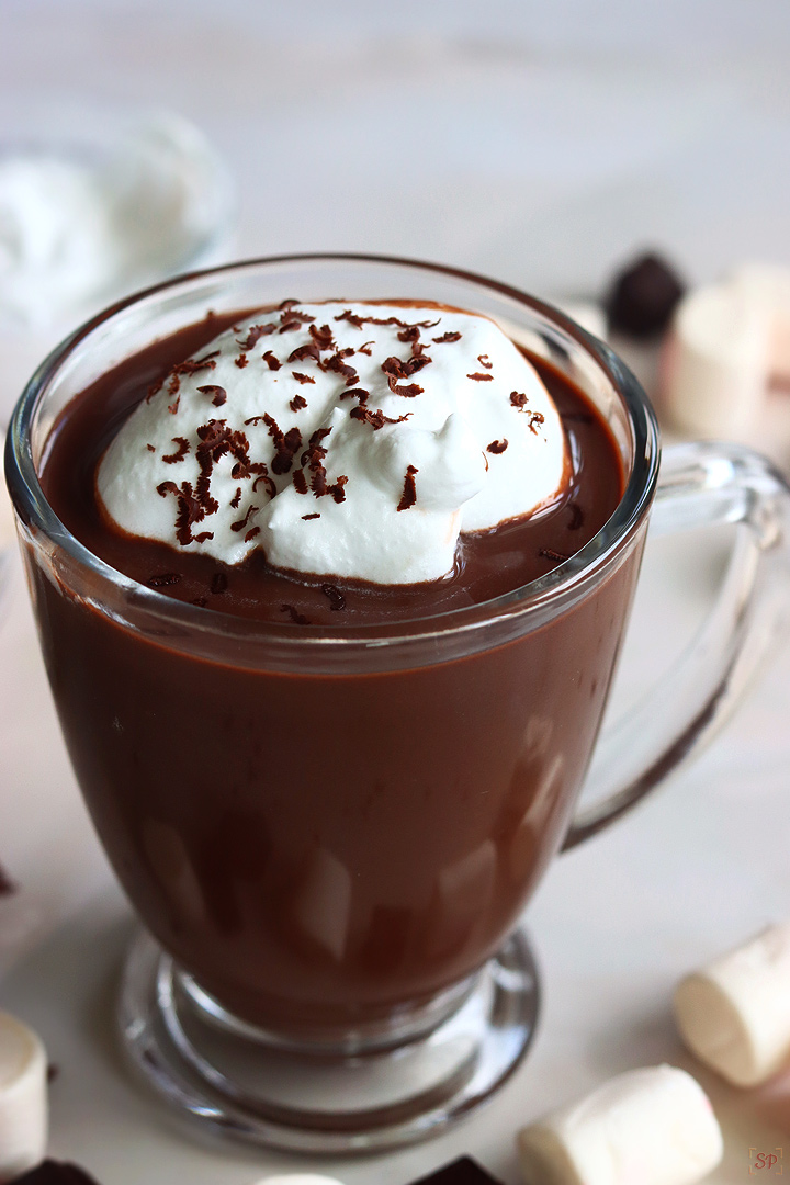 hot chocolate served in a mug close up shot