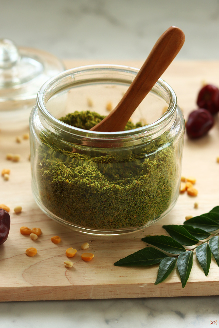 curry leaves powder in a glass jar