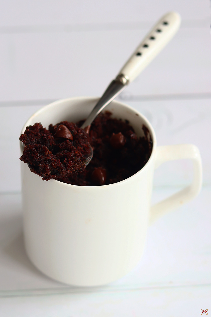 chocolate mug cake in a white mug