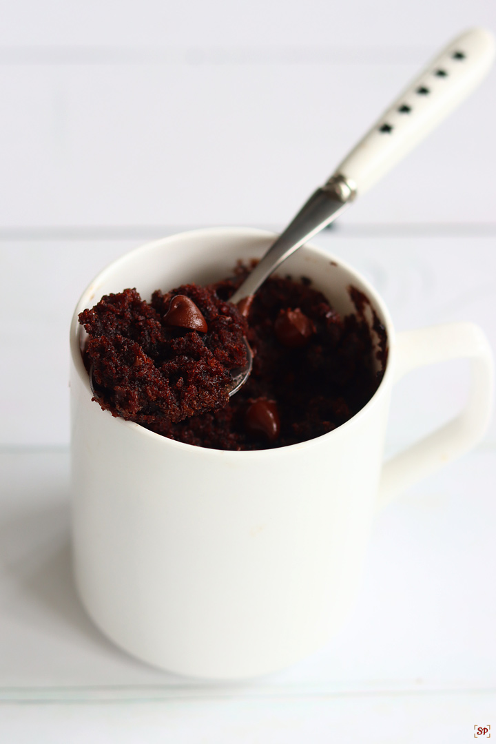 chocolate mug cake in a white mug