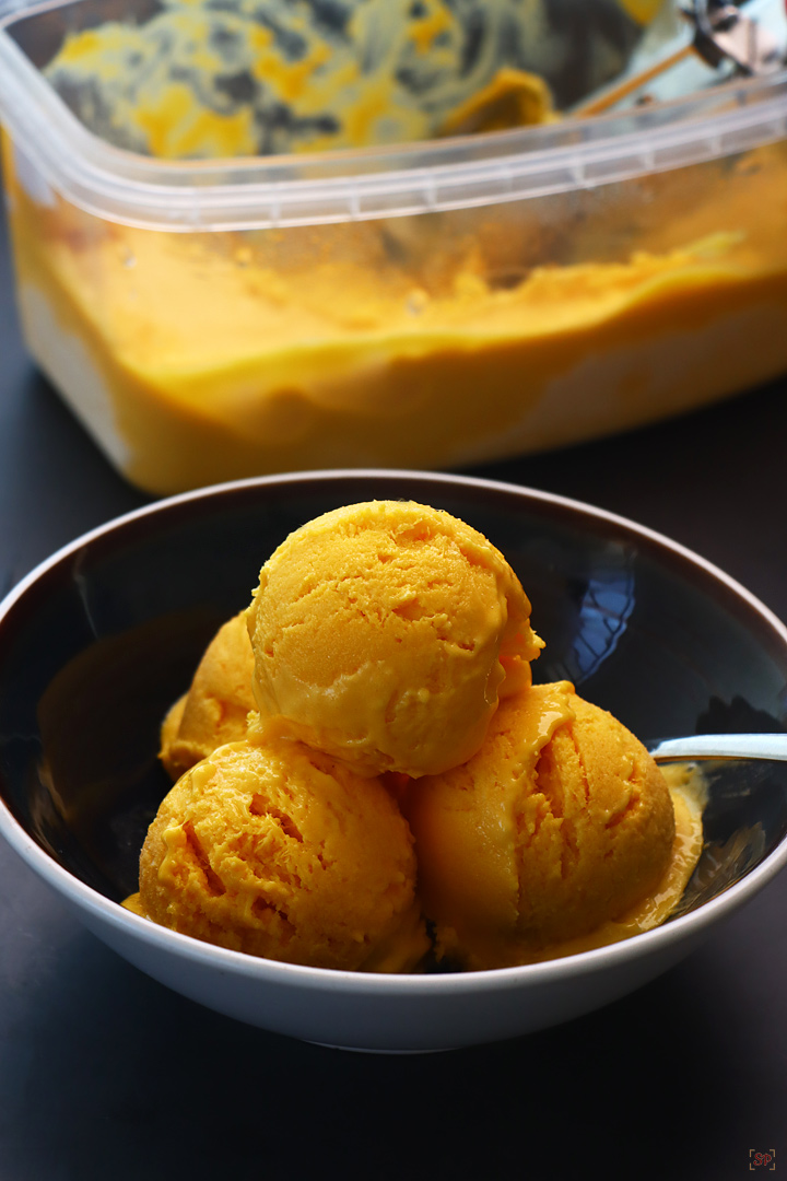 mango ice cream in a bowl