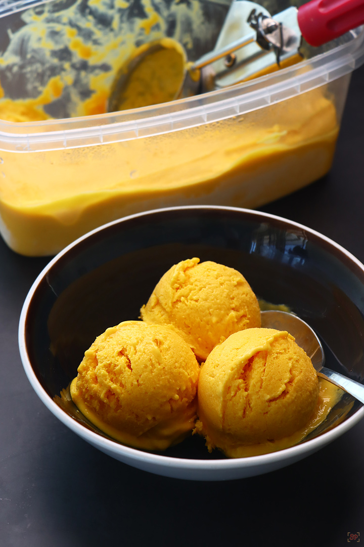 mango ice cream in a bowl