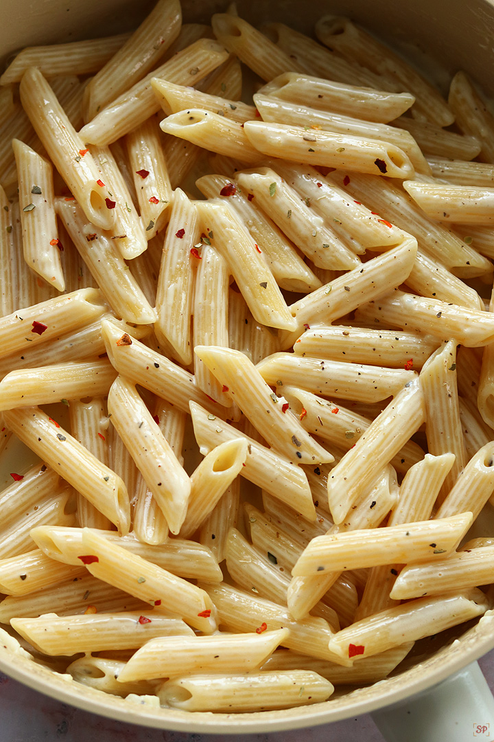 pasta cooked in a pan