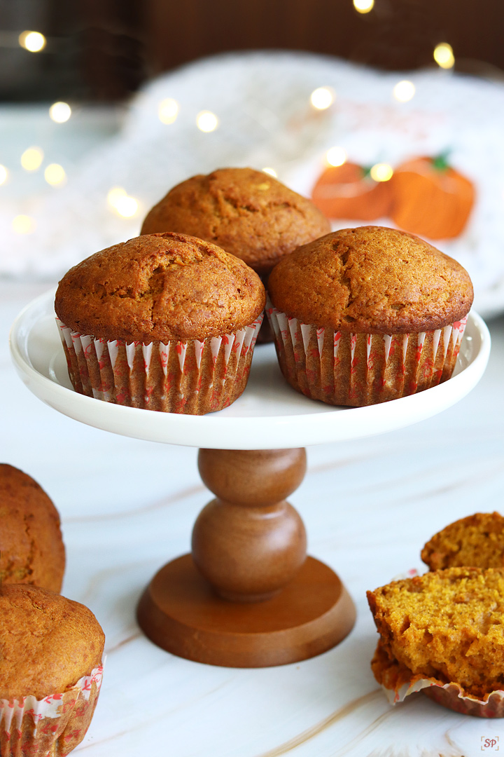 pumpkin muffins in a cake stand