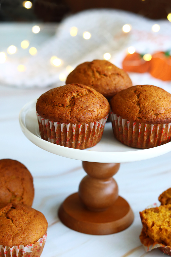 pumpkin muffins in a cake stand