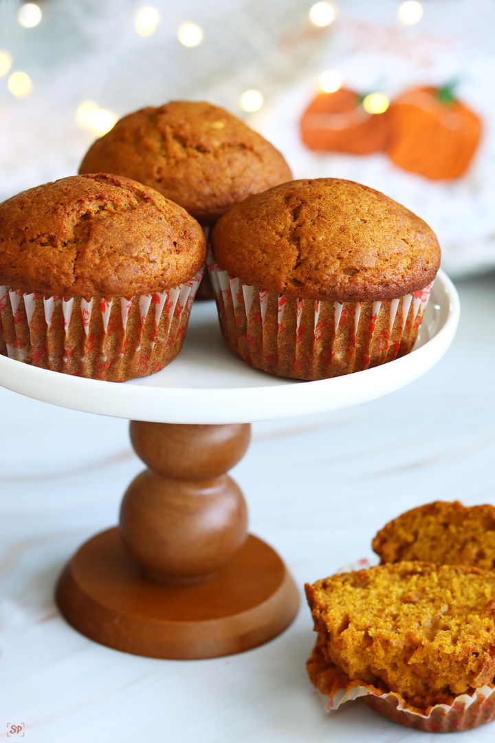 pumpkin muffins in a cake stand