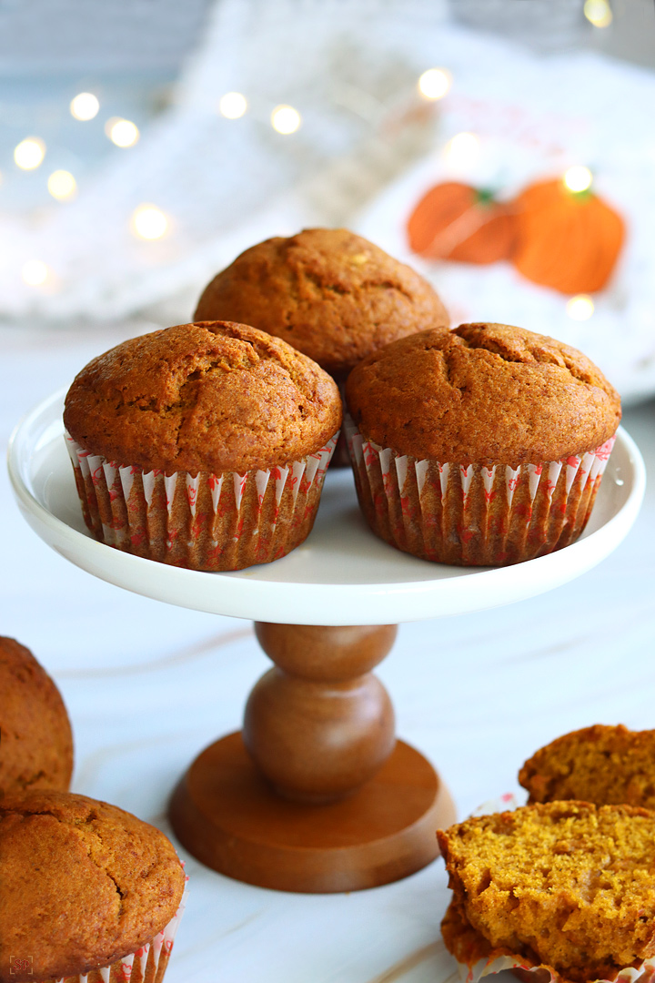 pumpkin muffins in a cake stand